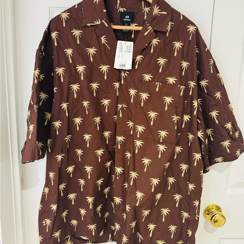 NWT LRG H&M Brown Palm Tree Men's Shirt Hawaiian resort clothing summer